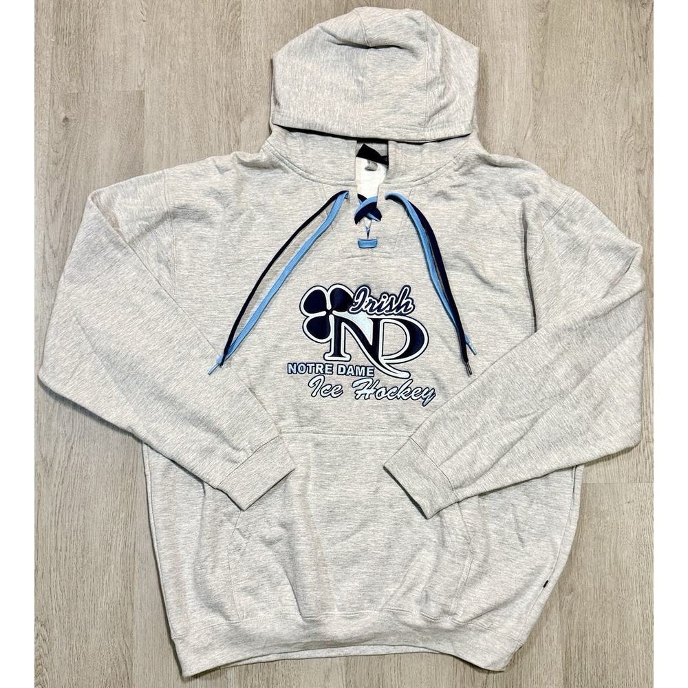 Notre Dame Irish Ice Hockey Hoodie 2XL Grey Lace Up Pennant Sportswear NWT